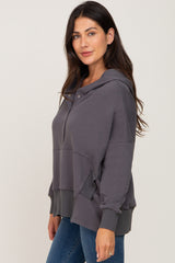 Charcoal Button Front Ribbed Trim Hooded Sweatshirt