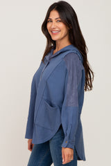 Blue Soft Mixed Knit Button Front Hooded Top