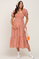 Rust Gingham Smocked Maternity Midi Dress