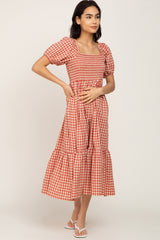 Rust Gingham Smocked Maternity Midi Dress