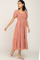 Rust Gingham Smocked Midi Dress