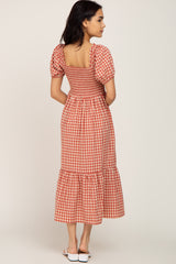 Rust Gingham Smocked Midi Dress