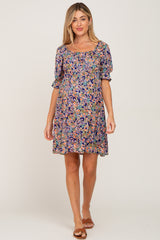 Navy Floral Cinched Short Sleeve Maternity Dress