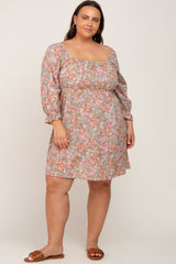 Light Olive Floral Bubble Sleeve Plus Dress