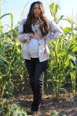 Beige Plaid Knit Maternity Shirt Jacket