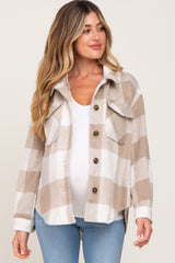 Beige Plaid Knit Maternity Shirt Jacket