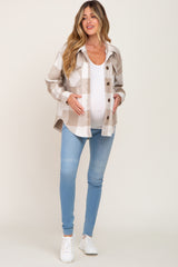 Beige Plaid Knit Maternity Shirt Jacket