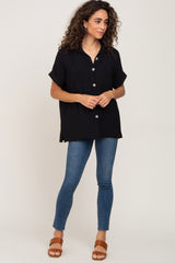 Black Collared Button-Down Short Sleeve Blouse