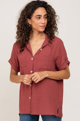 Burgundy Collared Button-Down Short Sleeve Maternity Blouse