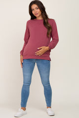 Burgundy Hi-Low Side Slit Long Sleeve Maternity Top