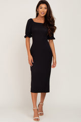 Black Ribbed Puff Sleeve Side Slit Maternity Midi Dress