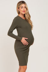 Olive Ribbed Basic Long Sleeve Maternity Dress