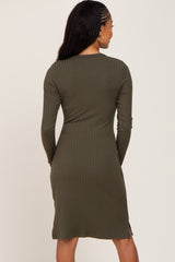 Olive Ribbed Basic Long Sleeve Dress