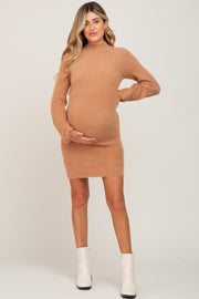 Camel Fuzzy Knit Puff Sleeve Maternity Sweater Dress