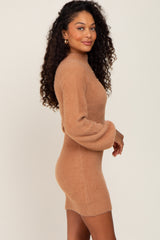 Camel Fuzzy Knit Puff Sleeve Sweater Dress