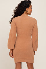 Camel Fuzzy Knit Puff Sleeve Sweater Dress