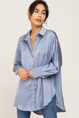 Blue Satin Button Up Maternity Blouse