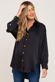 Black Satin Button Up Maternity Blouse