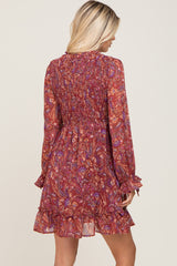 Burgundy Paisley Print Long Sleeve Dress