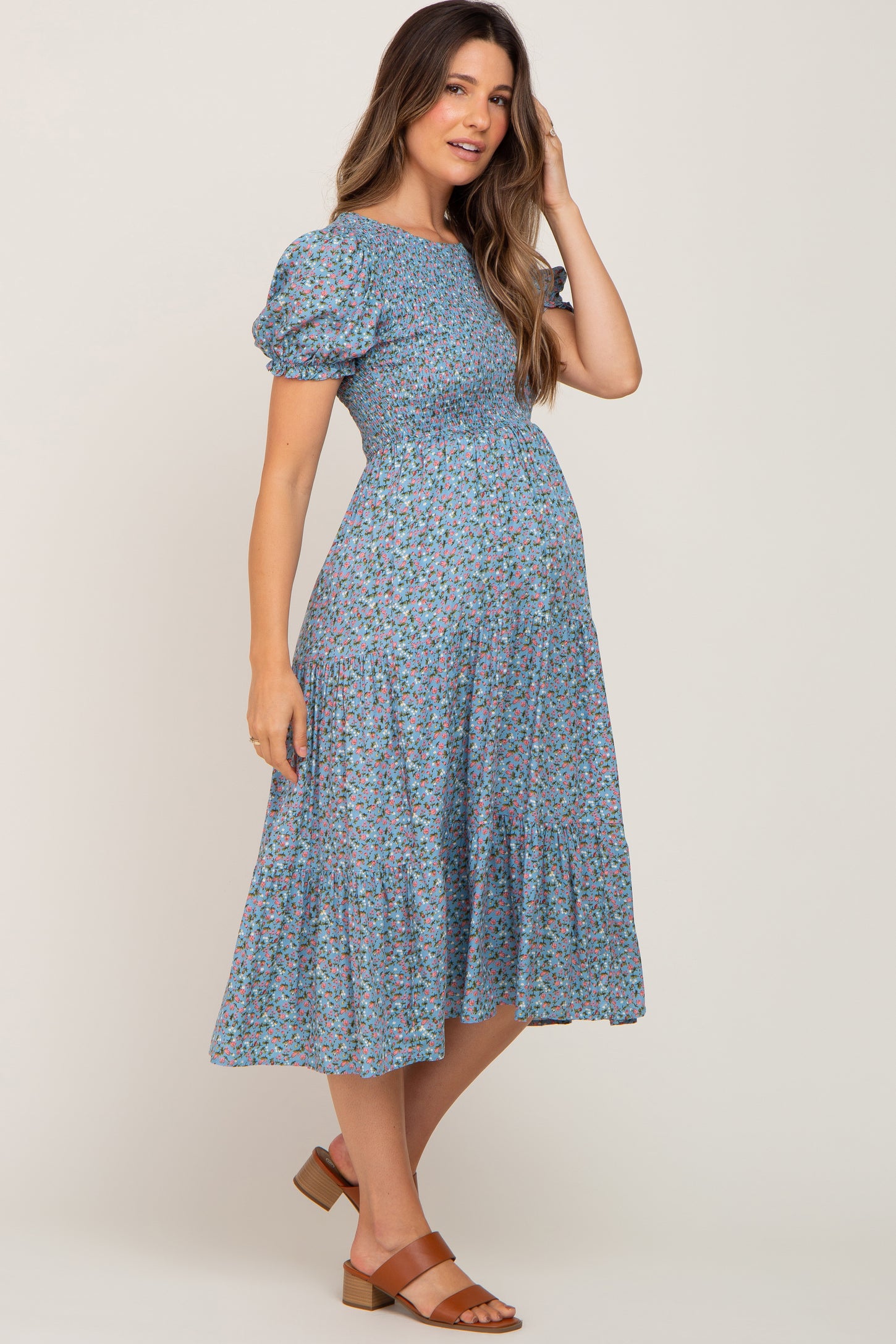 Blue Floral Smocked Maternity Midi Dress – PinkBlush