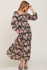 Black Floral Smocked Midi Dress