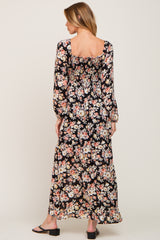 Black Floral Smocked Midi Dress