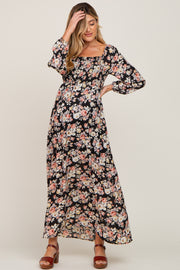 Black Floral Smocked Maternity Midi Dress