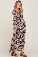 Black Floral Smocked Maternity Midi Dress