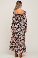 Black Floral Smocked Maternity Midi Dress