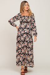 Black Floral Smocked Maternity Midi Dress