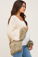 Olive Open Knit Color Block Maternity Cardigan