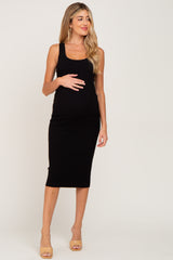 Black Fitted Knit Maternity Midi Dress