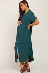 Forest Green Button Down Hi Low Maternity Maxi Dress