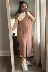 Camel Button Down Hi Low Maxi Dress