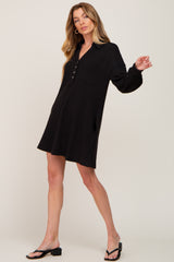 Black Waffle Knit Collared Long Sleeve Dress