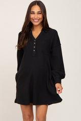 Black Waffle Knit Collared Long Sleeve Maternity Dress