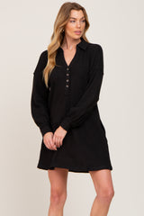 Black Waffle Knit Collared Long Sleeve Maternity Dress