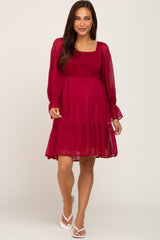 Burgundy Metallic Stripe Smocked Maternity Dress