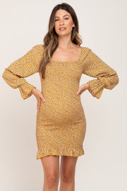 Yellow Ditsy Floral Smocked Long Sleeve Maternity Mini Dress