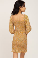 Yellow Ditsy Floral Smocked Long Sleeve Mini Dress