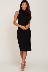 Black Ribbed Mock Neck Maternity Dress