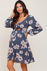 Blue Floral Smocked Tie Back Maternity Dress