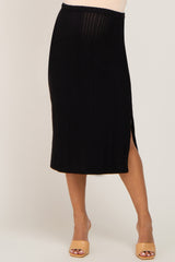 Black Soft Knit Ribbed Side Slit Maternity Midi Skirt