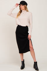 Black Soft Knit Ribbed Side Slit Maternity Midi Skirt