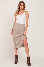 Taupe Soft Knit Ribbed Side Slit Midi Skirt