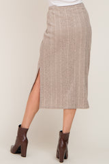 Taupe Soft Knit Ribbed Side Slit Midi Skirt