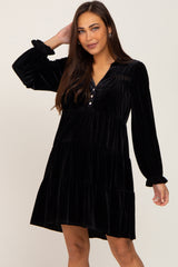 Black Velvet Long Sleeve Tiered Collared Maternity Dress