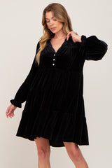 Black Velvet Long Sleeve Tiered Collared Dress