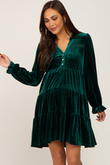 Green Velvet Long Sleeve Tiered Collared Maternity Dress