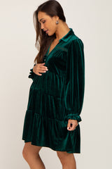 Green Velvet Long Sleeve Tiered Collared Maternity Dress